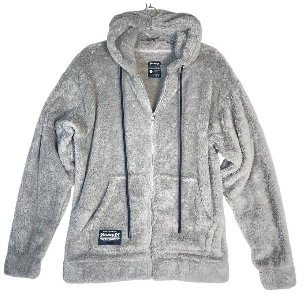 YoungLA Sherpa Teddy Fleece Hoodie Women's S Gray Plush Full Zip Fuzzy Cozy